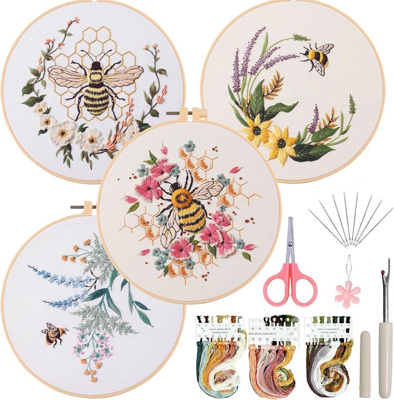 Ohcol 4 Pack Embroidery Kit for Beginners,Needlepoint Cross Stitch Kits for Adults,Needle Point Sets with Bee Flower Pattern - Image 1